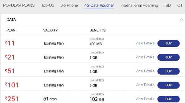 జియో 4G డేటా వోచర్లు